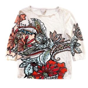 Chico's Top Womens SM Multicolor Botanical Floral Paisley Colorful Coquette AOP